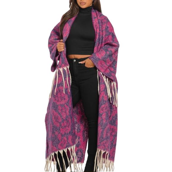 Purple Blanket Kimono ONE SIZE Cardigan Western Cowgirl Longline Fringe Duster - Picture 3 of 9